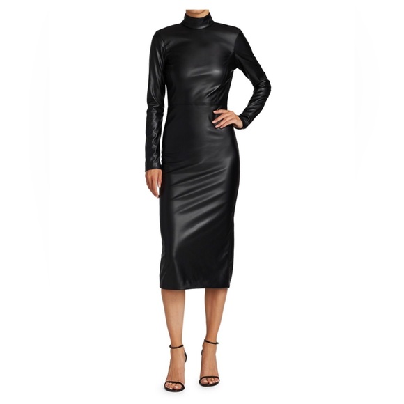 27. Alice + Olivia Delora Vegan Leather Mock Neck Open Back Dress in Black - Picture 7 of 8